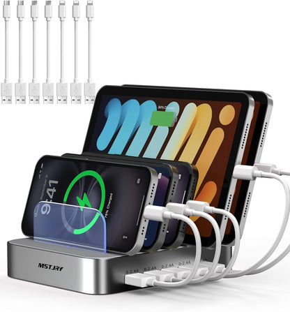 MSTJRY Charging Station for Multiple Devices : 5 Port Multi USB-A Charger Stations Multi-Device Organizer Charging Dock Designed for iPhone iPad Cell Phone Tablets (7 Short Cables Included)