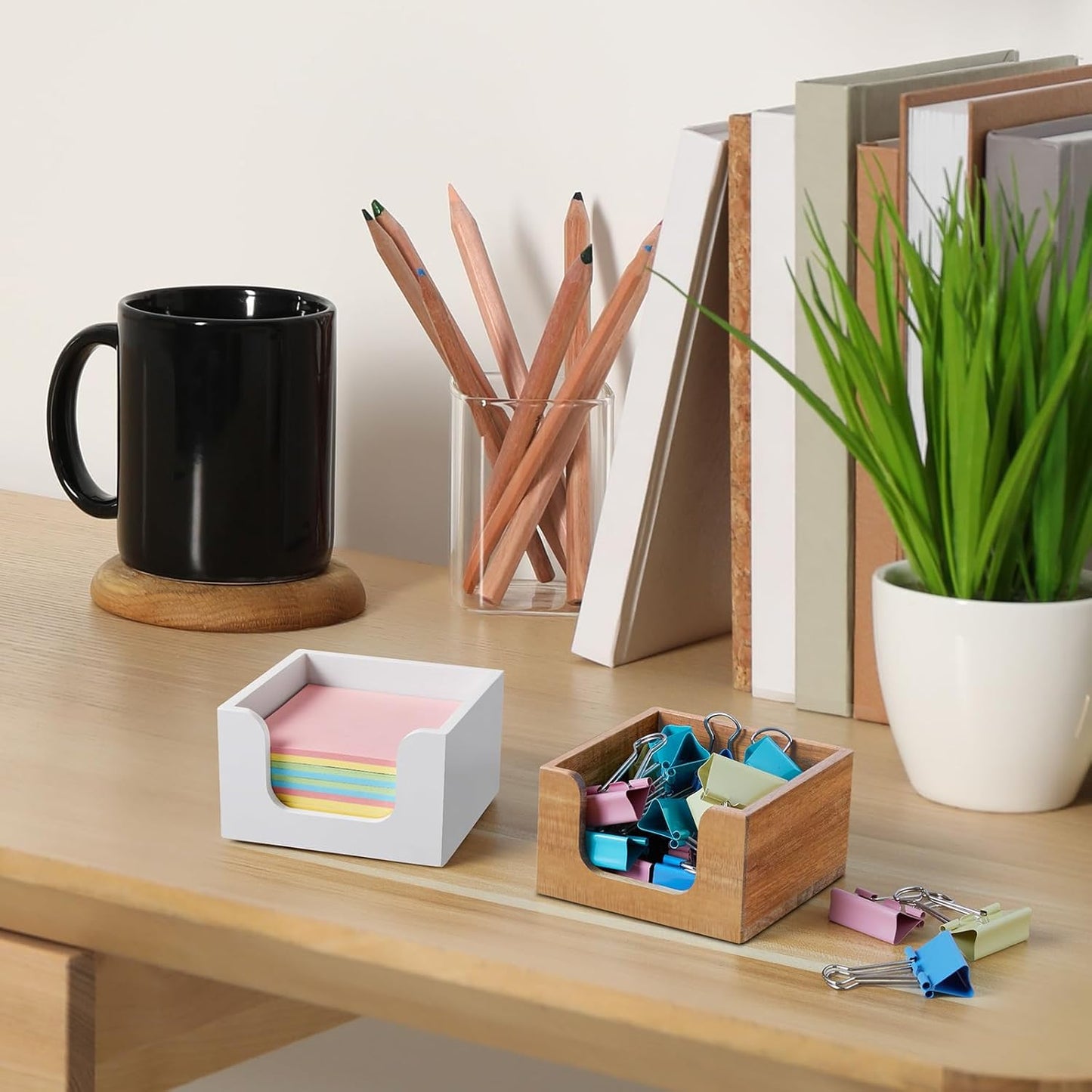 Bivvclaz Wood Sticky Note Holder, 3 x 3 Inch Post It Note Dispenser for Office Desk Accessories, Self Stick Note Pad Holder, Memo Pad Holder Dispenser Organizer for School Office Desk Supplies, Black