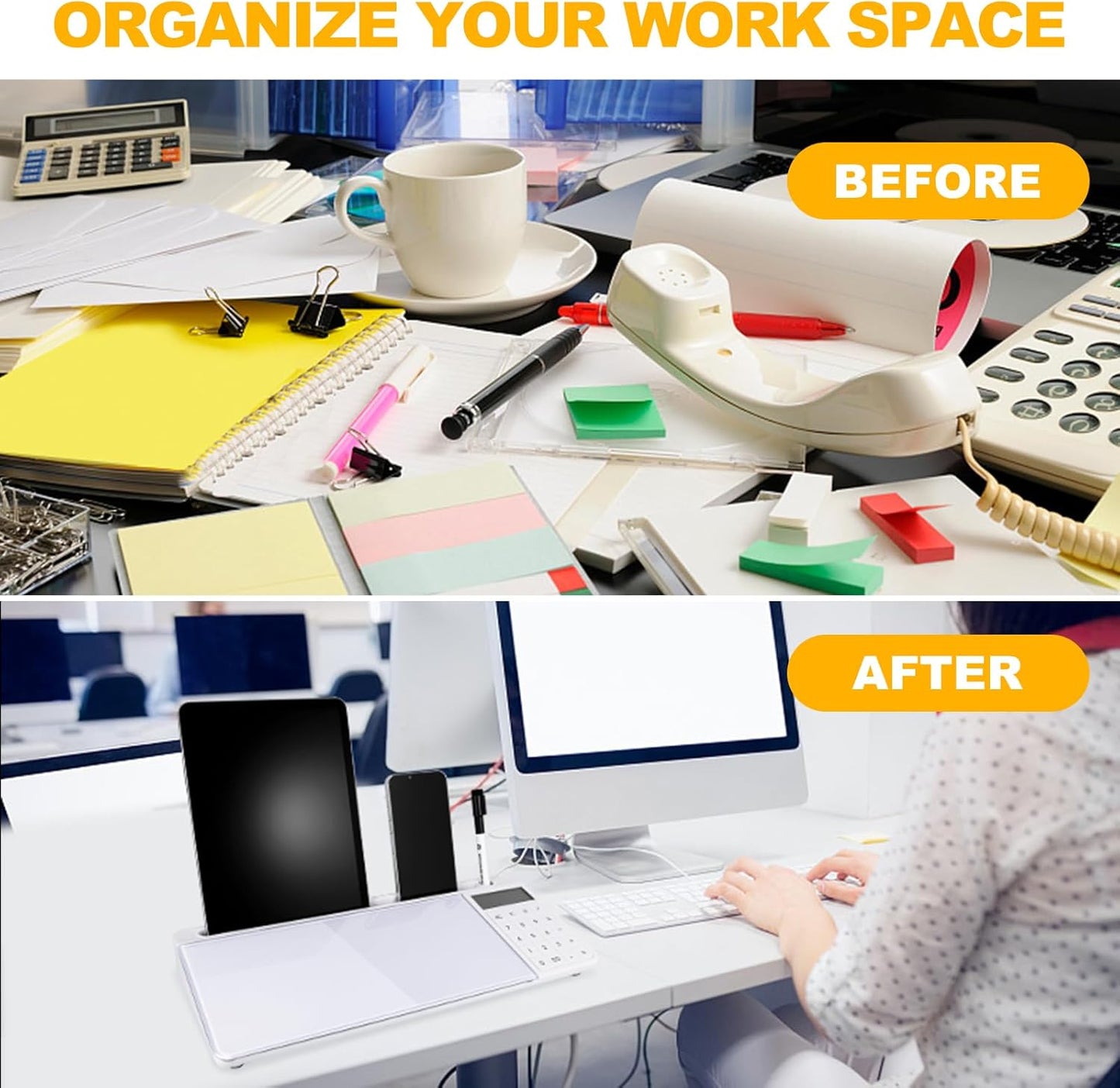 Small Glass Desktop Whiteboard Dry Erase Board with Calculator - Desktop White Board Storage Memo Notepad Computer Keyboard Stand Organizers with Accessories Markers, Eraser for Office, Home, School
