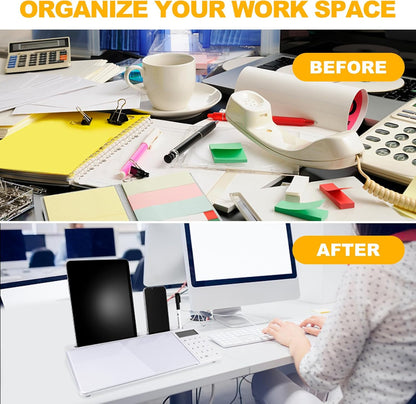 Small Glass Desktop Whiteboard Dry Erase Board with Calculator - Desktop White Board Storage Memo Notepad Computer Keyboard Stand Organizers with Accessories Markers, Eraser for Office, Home, School