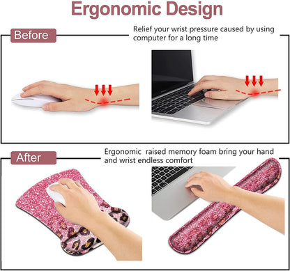 Mouse Pad with Wrist Support, Ergonomic Gel Mouse Pad Beautiful Flowers,Non-Slip Durable, Memory Foam Keyboard Wrist Rest, Suitable for Office Typing Games, Pink Hyacinths on Wood Panel