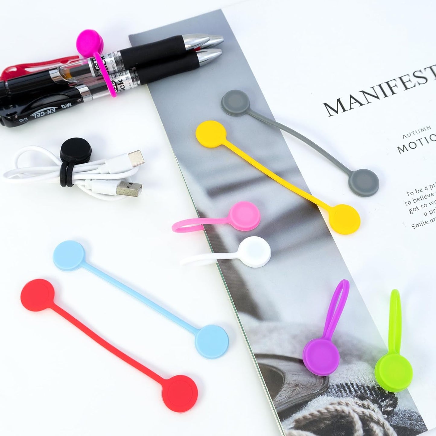 Quacc 10 PCS Reusable Magnetic Cable Ties Magnetic Cable Ties Silicone Cable Straps Wire Organizer for Earphone Phone Charger Audio Cable 10 Colors Silicone Cable Clips for Office, School, Home