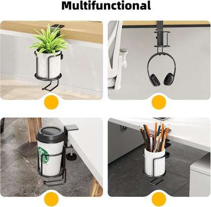 CABTE 2 in 1 Desk Cup Holder with Headphone Hanger Holder, Anti-Spill Clip-On Table Cup Hook with 360° Rotation for Lawn Chair, Office Home Gaming Table (1 Pack)