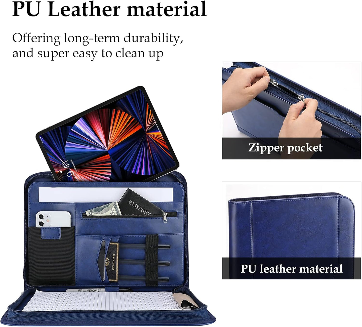 ProCase Portfolio Business Padfolio Folder with Zipper, Conference Meeting Executive File Legal Document Organizer with Pockets Letter Size A4 Writing Pad Notepad Padfolio -Black