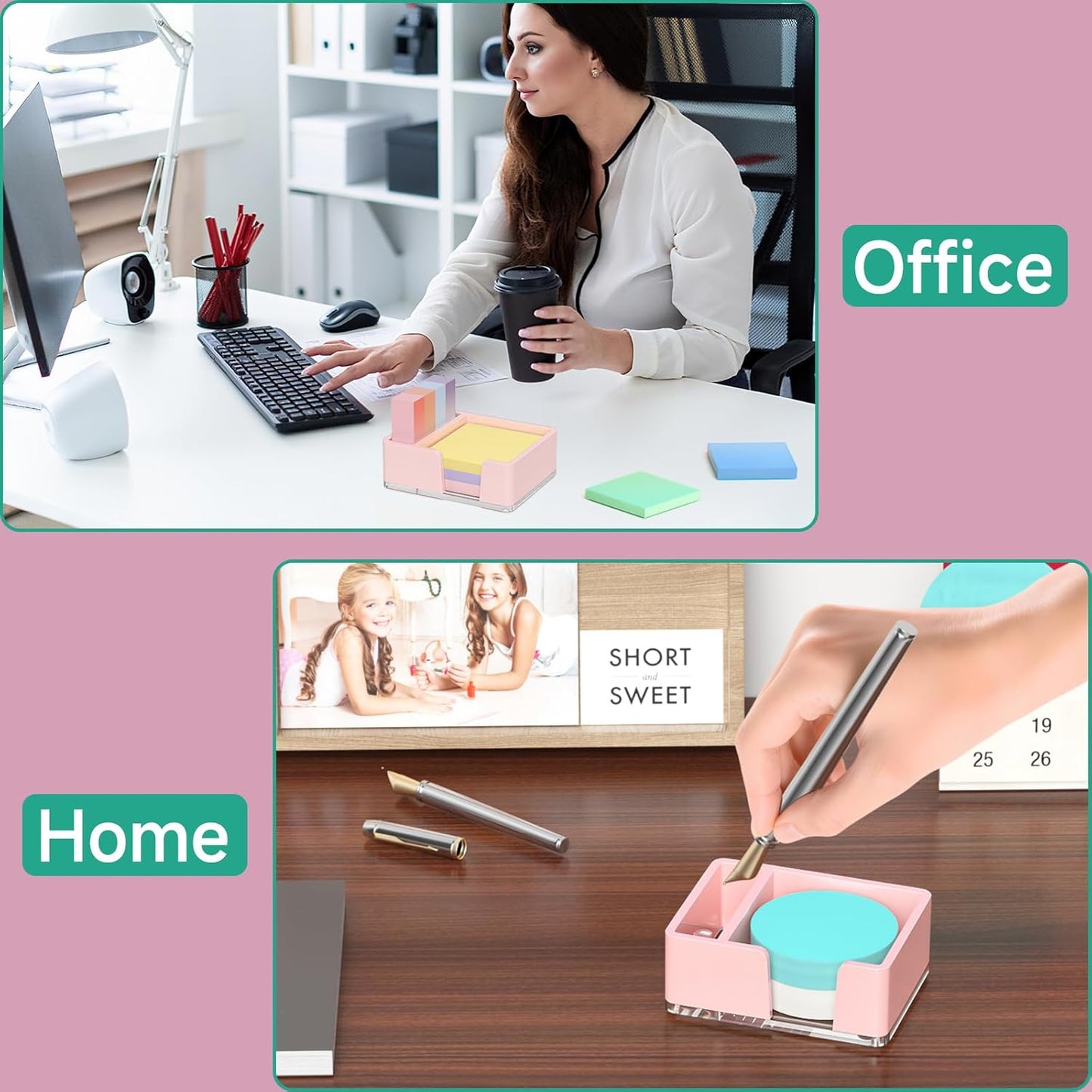 Sticky Note Holder, Glitter Pink Acrylic Notepad Holder 3x3 in Self-Stick Note Dispenser Office Desk Accessories, Memo Pad Holder Organizer for Classroom School Supplies