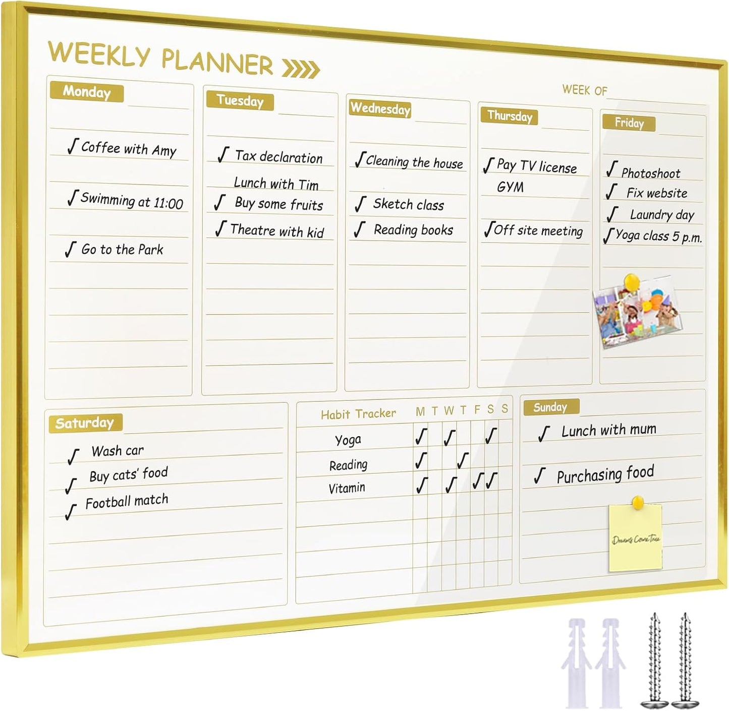 Gold Weekly Dry Erase Board for Wall,12"x16",Small Magnetic Dry Erase Weekly Calendar Board,Gold Metal Frame Weekly Planner Whiteboard for to Do List, Memo, School, Home, Office, Kitchen-GZ
