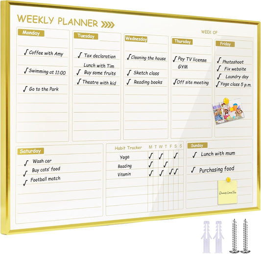 Gold Weekly Dry Erase Board for Wall,12"x16",Small Magnetic Dry Erase Weekly Calendar Board,Gold Metal Frame Weekly Planner Whiteboard for to Do List, Memo, School, Home, Office, Kitchen-GZ