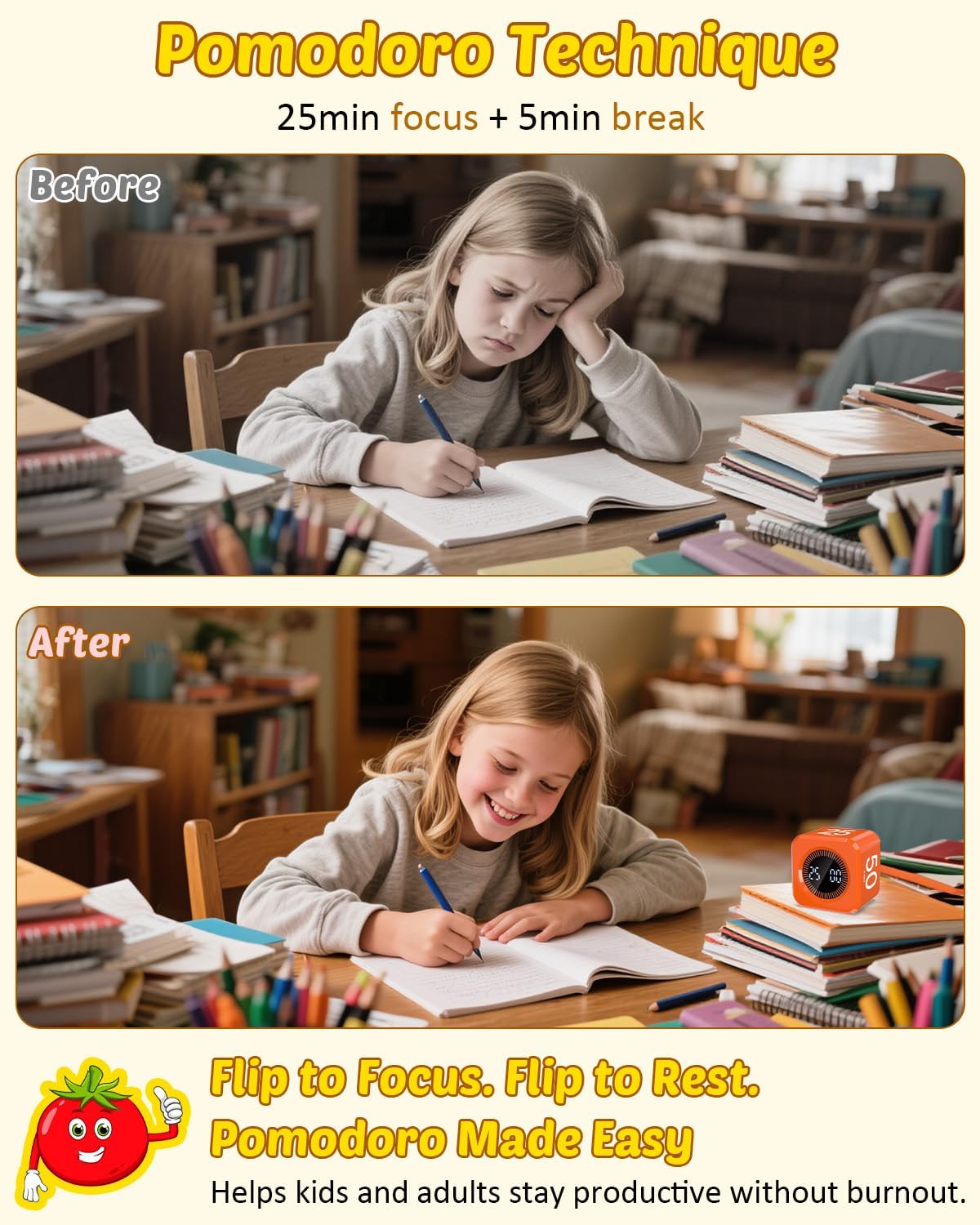 Digital Pomodoro Timer Cube 5/10/25/50min, Visual Productivity Flip Timer for Kids Classroom Desk, Custom Countdown, Silent and Sound Mode for ADHD Study Work Game Kitchen (Pink)