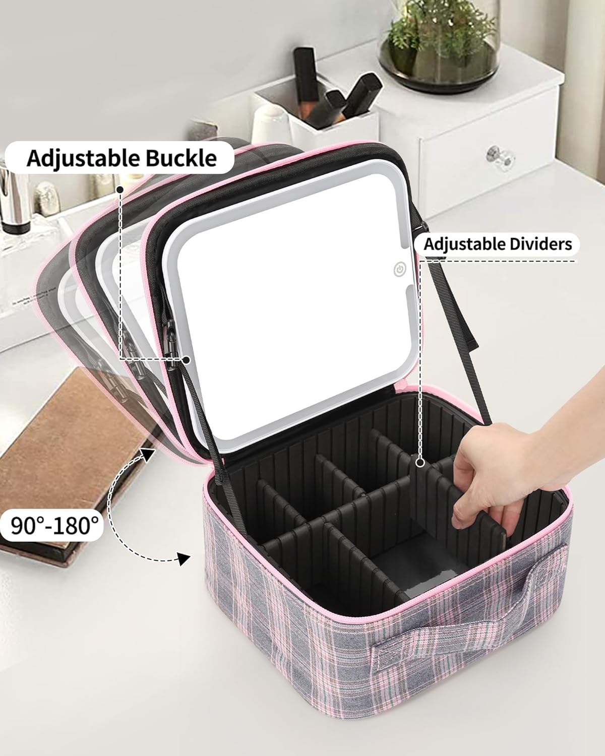 Relavel Travel Makeup Bag With LED Mirror, Cosmetic Train Case with Light up Mirror, Portable Makeup Artist Organizer Bag with Adjustable Dividers, Makeup Brush Holder Storage, Black