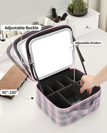Relavel Travel Makeup Bag With LED Mirror, Cosmetic Train Case with Light up Mirror, Portable Makeup Artist Organizer Bag with Adjustable Dividers, Makeup Brush Holder Storage, Black