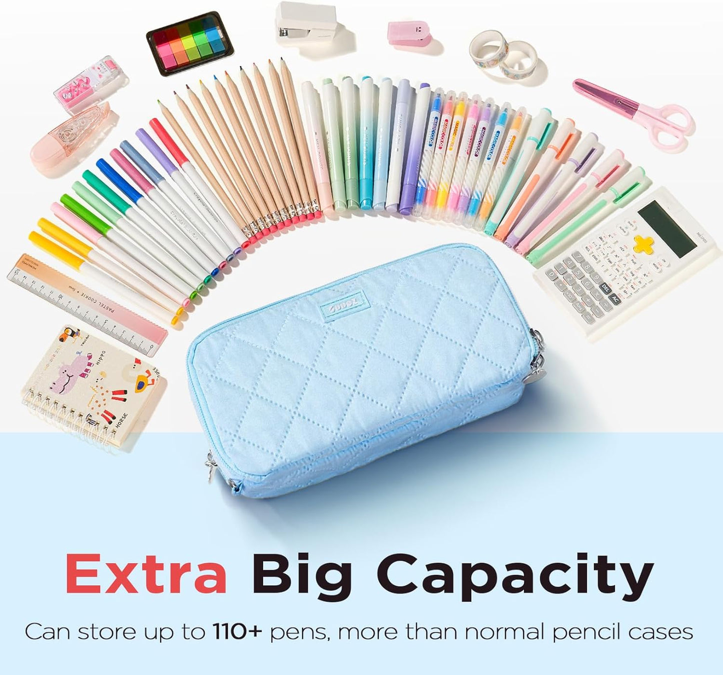 Sooez Large Pencil Case Pouch, Extra Big Pencil Bag with 8 Compartments, Pen Bag Wide Opening, Soft Quilted Pencil Pouch Organizer with Zipper, Portable Pencil Case for Teen Girls, Pink