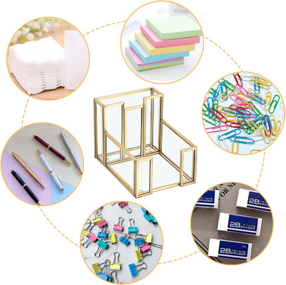 BTSKY Golden Glass Sticky Note Holder for 3x3 Inch Sticky Notes, Elegant Post It Note Dispenser with Non-Slip Pads Clear Notepad Holder for Desk Organization Planning, Home Office Decor
