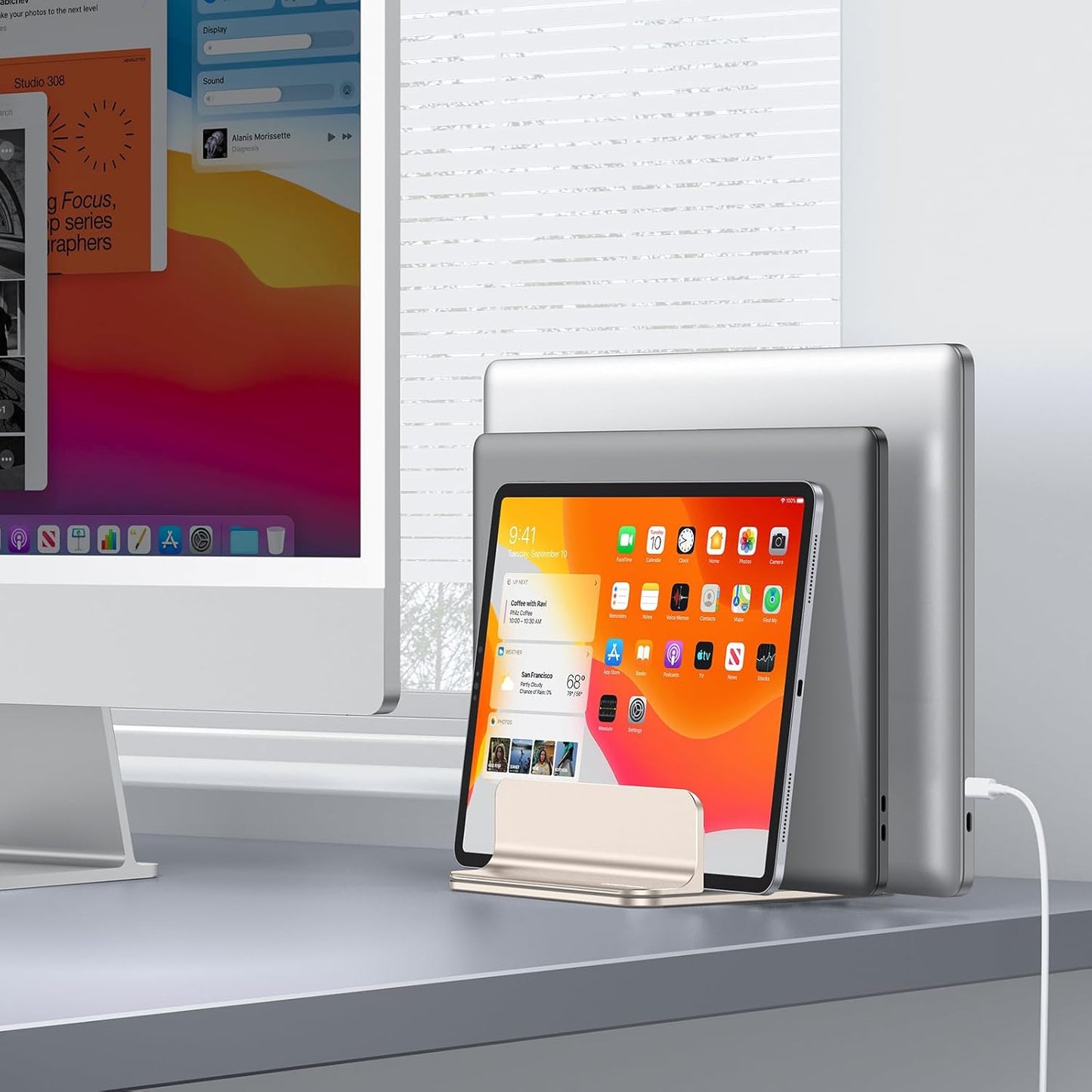 OMOTON Vertical Laptop Stand [Updated Double Version], Desktop Aluminum Mac Book Stand with Adjustable Dock Size, Fits All Mac Book, Surface, Chrome Book and Gaming Laptops (Up to 17.3 inch) (Black)