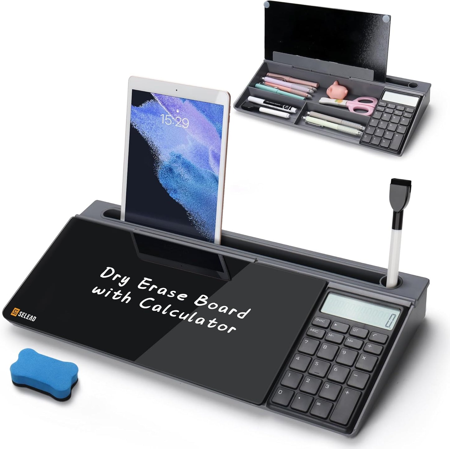 SELEAD Desktop Glass Whiteboard with Wireless Charger Station, Dry Erase Board Computer Pad Keyboard Stand with Organizer for Home, School, Office Desk Accessories, Black