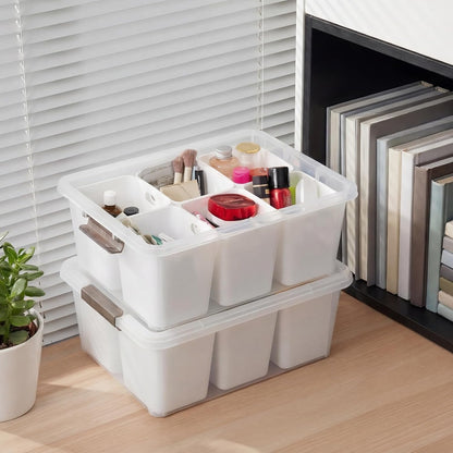 MACOPRO 17QT Craft Storage Box with 2 Removable Caddy Trays, Clear Stackable Plastic Organizer with Lid for Art Supplies, Beads, Sewing Tools, Pens & Kids Toys (White, 1Pack-2-in-1)