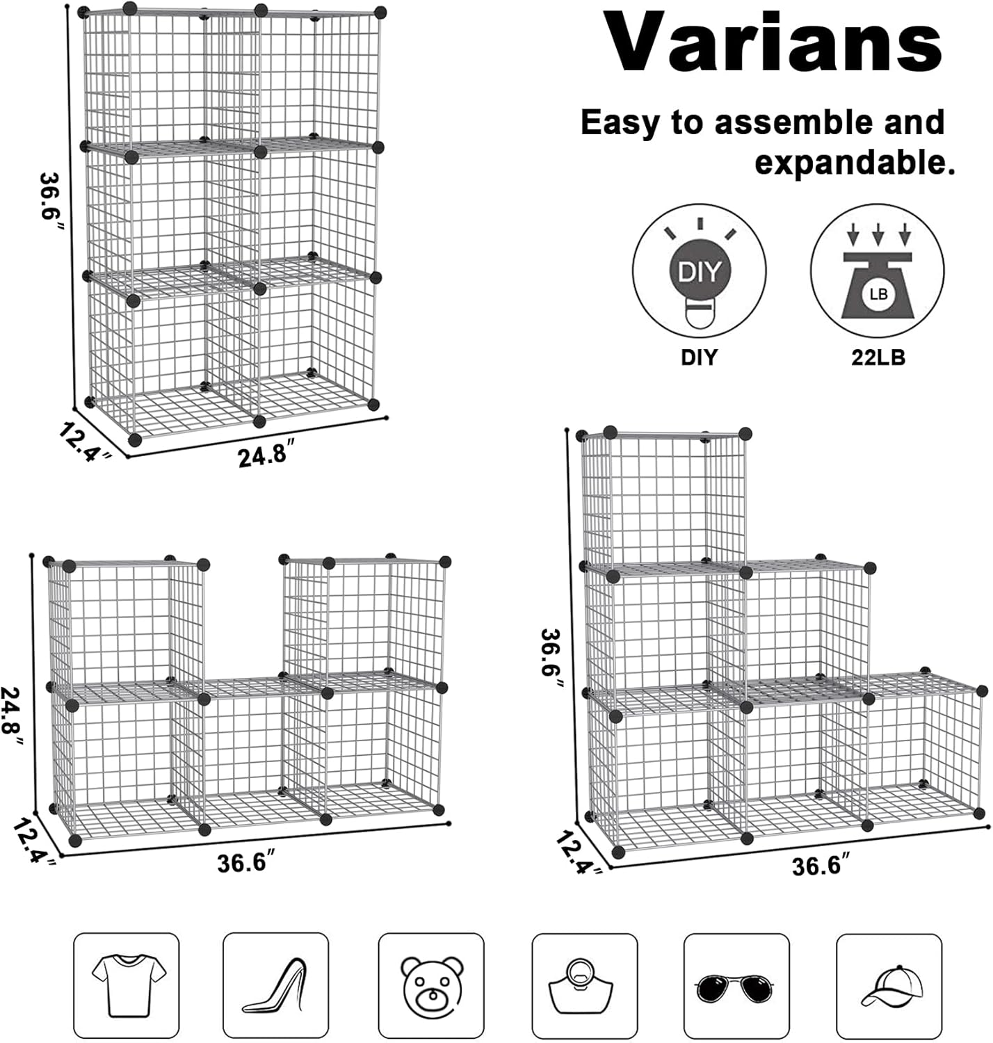 C&AHOME Wire Cube Storage, 6 - Cube Organizer Metal C Grids, Modular Shelves Units, Storage Bins Shelving, Closet Organizer, Ideal for Home, Office, Living Room, 36.6”L x 12.4”W x 36.6”H Black