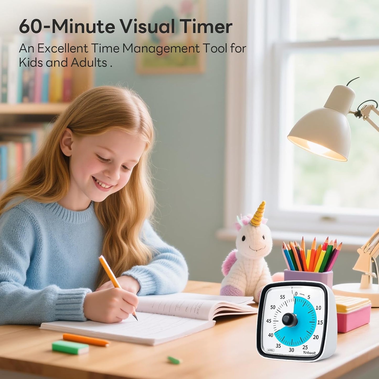 Yunbaoit Visual Timer with Night Light, 60-Minute Countdown Timer for Kids and Adults, Silent Classroom Timer, Time Management Tool for Home, School, or Work (Light Blue)