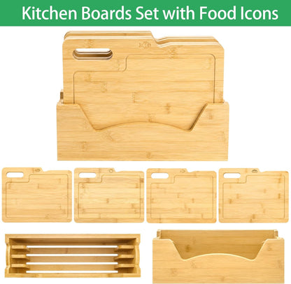 ZENFUN 4 Pack 12.5"L x 9.8"W Bamboo Cutting Boards with Holder, Wood Cutting Board Set, Chopping Boards Set with Food Icons, Kitchen Cutting Board Ideal for Meat, Fish, Bread, Vegetable, Fruit