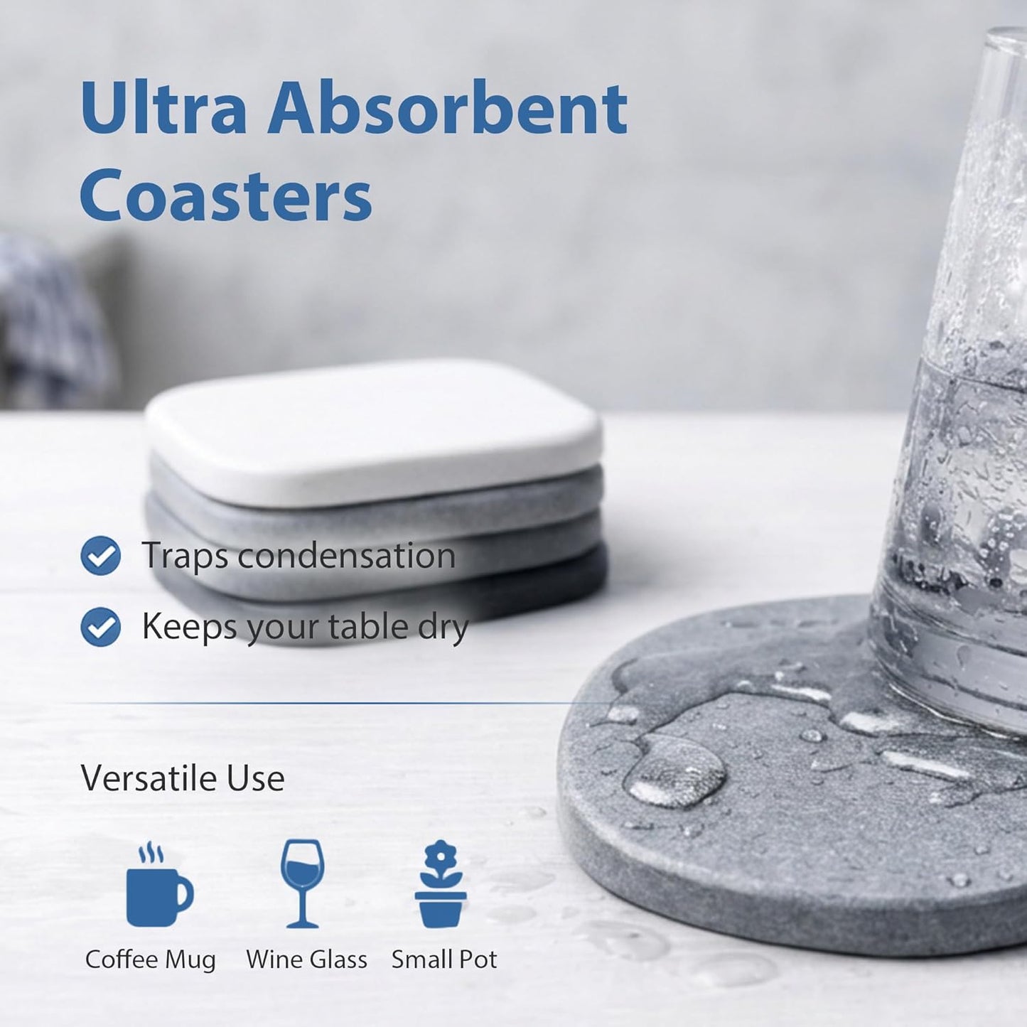 Diatomaceous Earth Coasters Set of 2 for Drinks, Moisture Water Absorbent Stone Coasters for Table Desk at Work, Water Absorbing Instant Drying Diatomite, Modern White