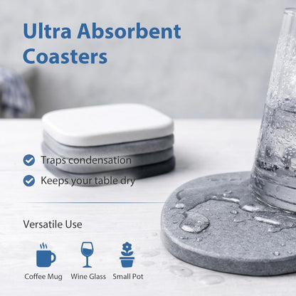 Diatomaceous Earth Coasters Set of 2 for Drinks, Moisture Water Absorbent Stone Coasters for Table Desk at Work, Water Absorbing Instant Drying Diatomite, Modern White