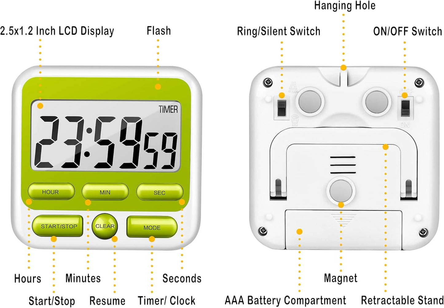 KTKUDY Digital Kitchen Timer with Mute/Loud Alarm Switch ON/Off Switch, 12-Hour Clock & Alarm, Memory Function Count Up & Count Down for Kids Teachers Cooking, Large LCD Display, Strong Magnet (Black)