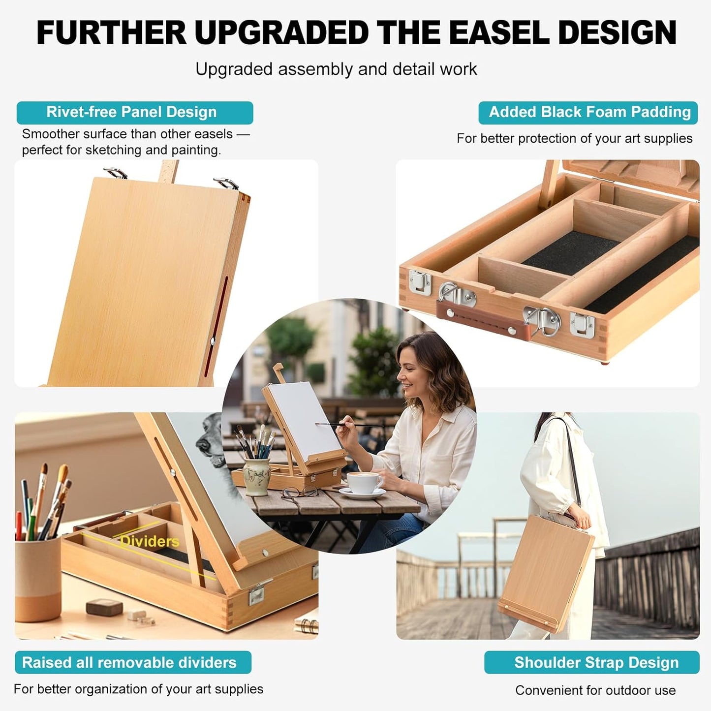 Beechwood Tabletop Easel for Painting, Portable Adjustable Sketchbox Art Easel Stand with Detachable Shoulder Strap for Beginners and Art Lovers