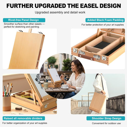 Beechwood Tabletop Easel for Painting, Portable Adjustable Sketchbox Art Easel Stand with Detachable Shoulder Strap for Beginners and Art Lovers