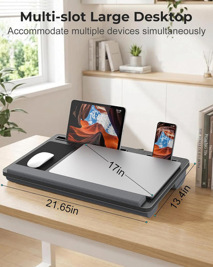Potuopy Lap Desk- Fits up to 17” Laptop Lap Desk with Wrist Pad, Laptop Lap Pad, Lap Desks for Adults Laptop Stand for Bed with Cushion and 2 Upgraded Mouse Pads, Tablet and Phone Slots (Dark Brown)