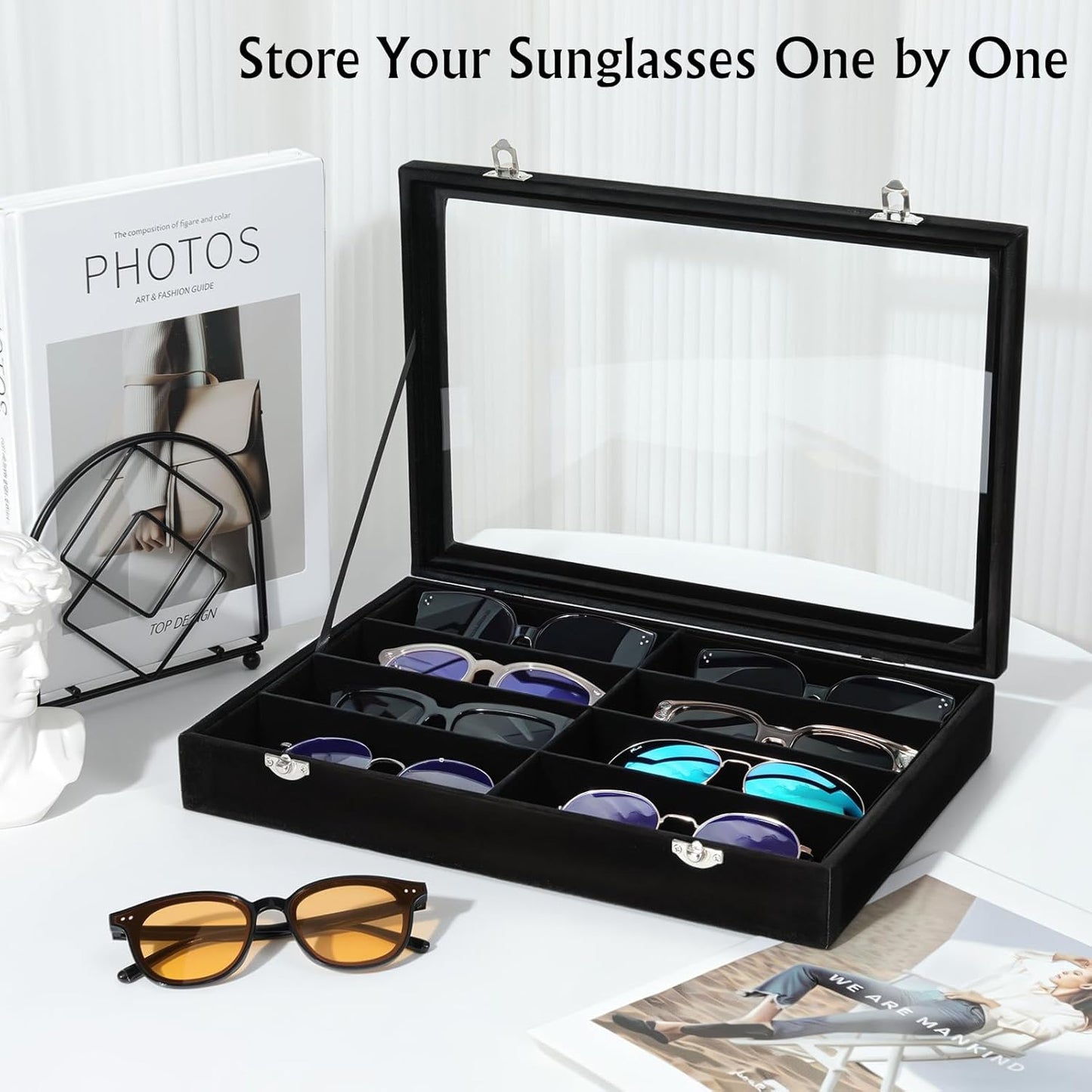Emibele Glasses Organizer Jewelry Tray, 8 Grids with Clear Lid Velvet Tray Watch Storage Stackable Jewelry Showcase Display Storage with Detachable Inner Dividers, Beige