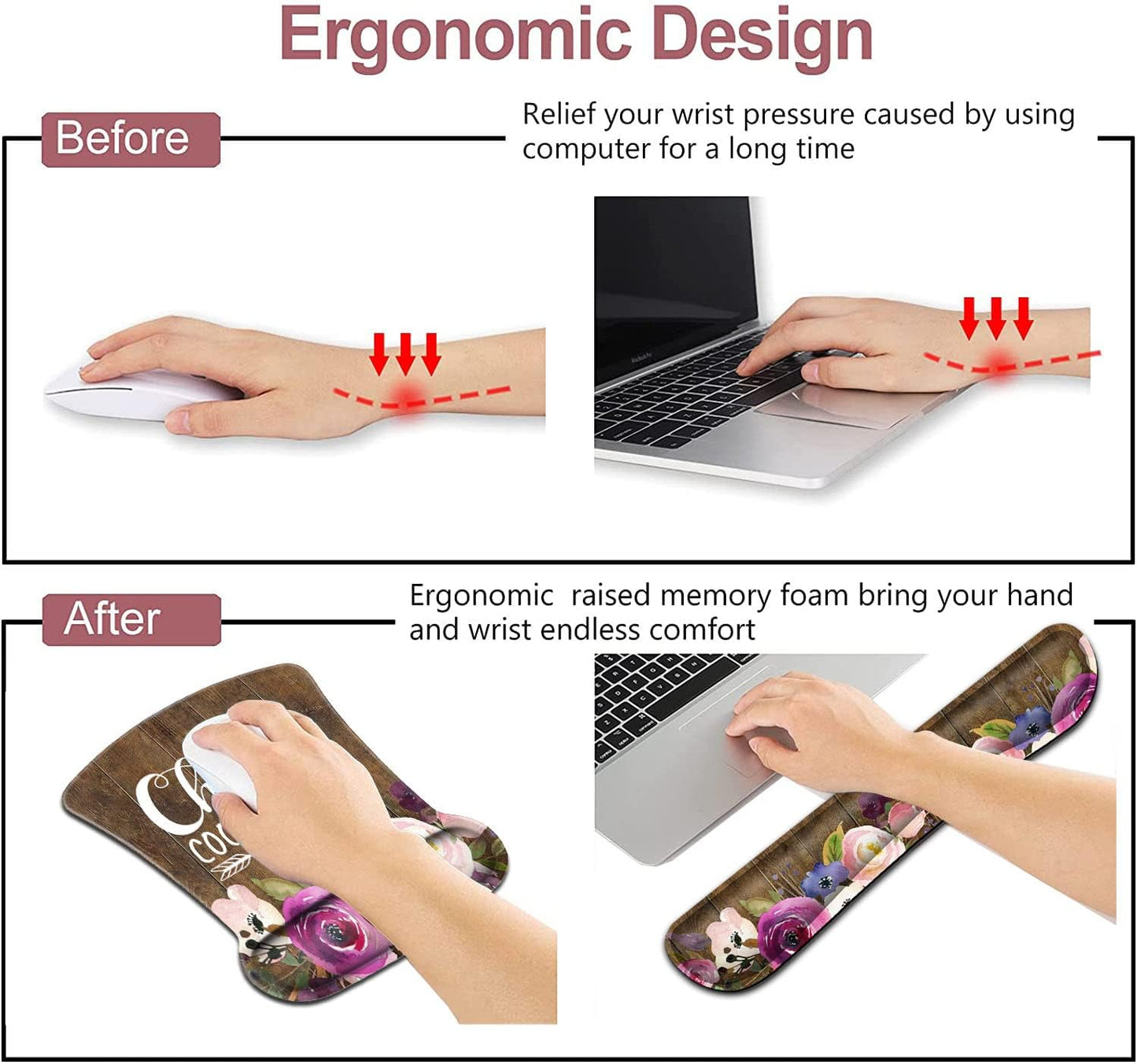 Mouse Pad with Wrist Support, Ergonomic Gel Mouse Pad Beautiful Flowers,Non-Slip Durable, Memory Foam Keyboard Wrist Rest, Suitable for Office Typing Games, Pink Hyacinths on Wood Panel