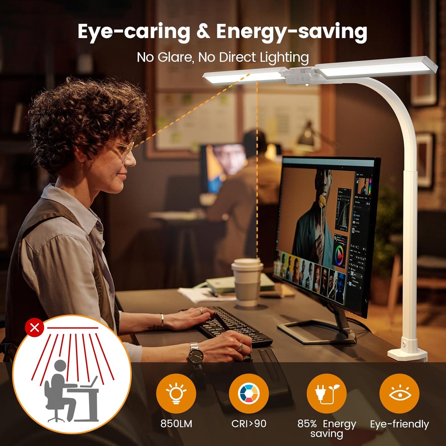 SIBRILLE LED Desk Lamp for Home Office - Dimmable Computer Desk Light with Clamp, Modern Architect Task Lamp with Color Changing, Flexible Desktop Lamp with Gooseneck for Monitor, Double Head, White
