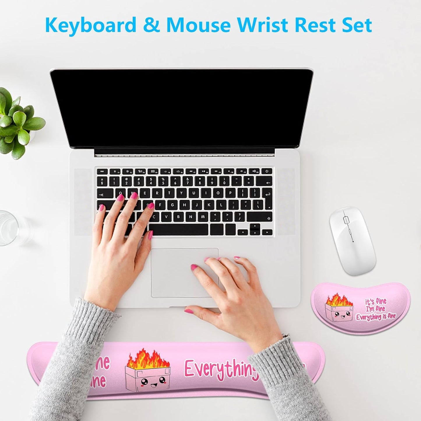 Dapesuom Enlarge Keyboard Wrist Rest, Memory Foam Wrist Cushion for Desk Mat Support, Cute Pain Relief Keyboard Mouse Pad Rests Set with Non-Slip Base for Gaming Laptop Office Computer, Elegant Flower