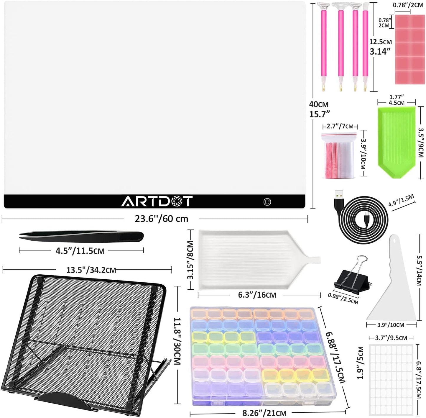 ARTDOT A3 LED Light Pad for Diamond Art Kits for Adults, USB Powered Light Board Kit, Adjustable Brightness with Diamond Painting Tools Detachable Stand and Clips