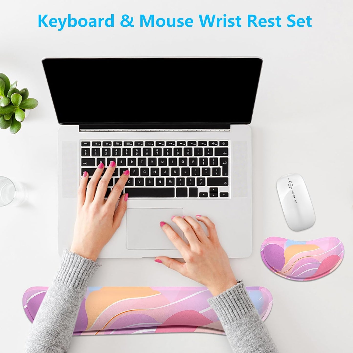 Dapesuom Enlarge Keyboard Wrist Rest, Memory Foam Wrist Cushion for Desk Mat Support, Cute Pain Relief Keyboard Mouse Pad Rests Set with Non-Slip Base for Gaming Laptop Office Computer, Elegant Flower