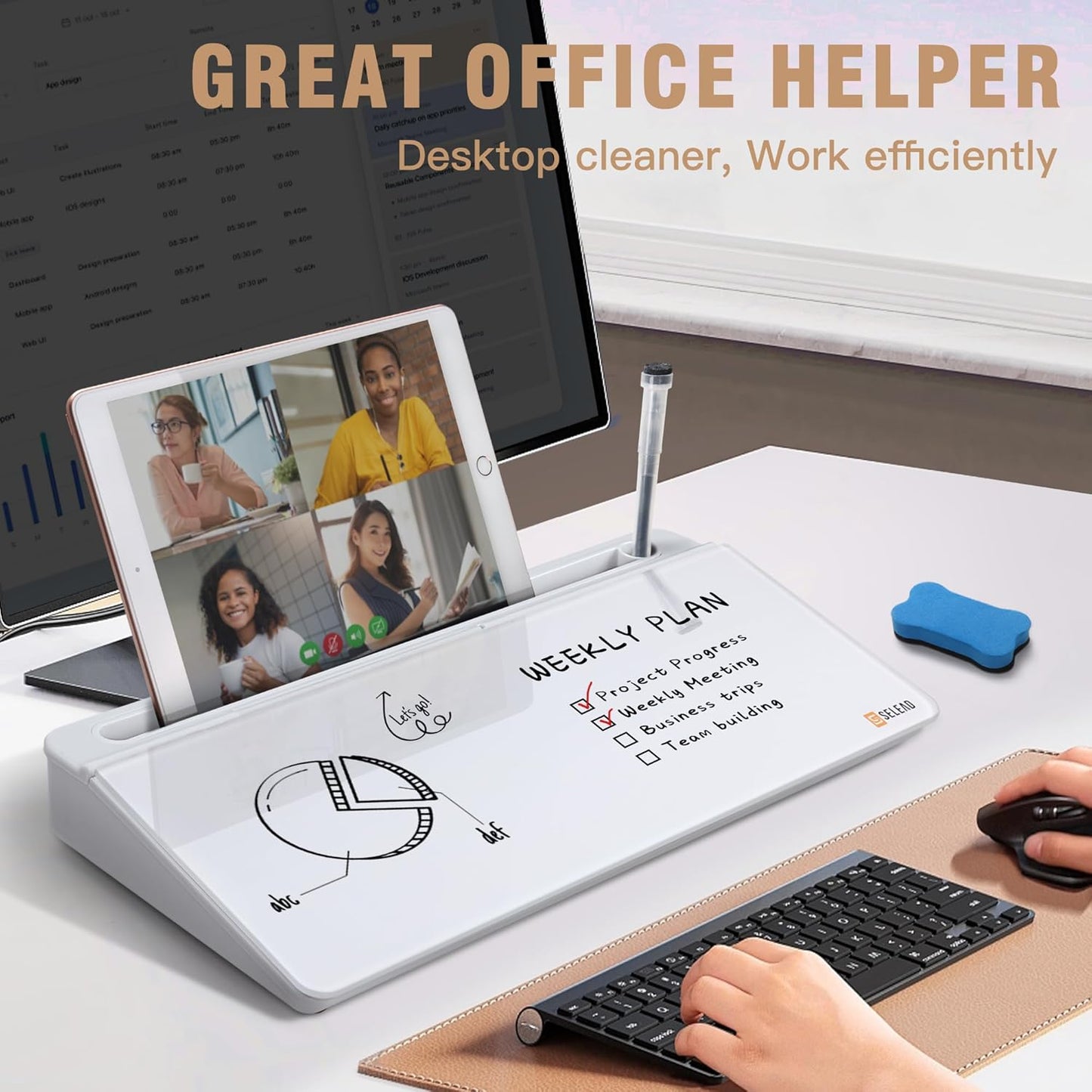 SELEAD Desktop Glass Whiteboard with Wireless Charger Station, Dry Erase Board Computer Pad Keyboard Stand with Organizer for Home, School, Office Desk Accessories, Black