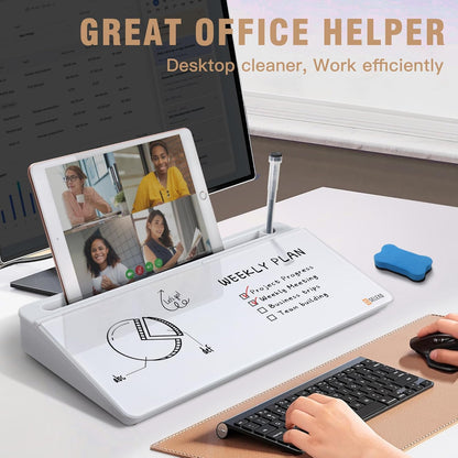 SELEAD Desktop Glass Whiteboard with Wireless Charger Station, Dry Erase Board Computer Pad Keyboard Stand with Organizer for Home, School, Office Desk Accessories, Black
