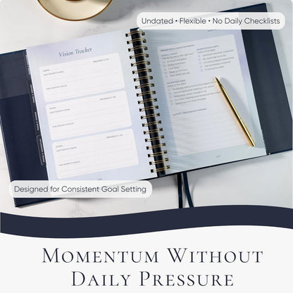 Vision Board Kit & Guided Manifestation Journal | Goal Planner & Habit Tracker, Self Care & Reflection Tools | Undated Vegan Leather Hardcover | Visions in Motion Portable Vision Board