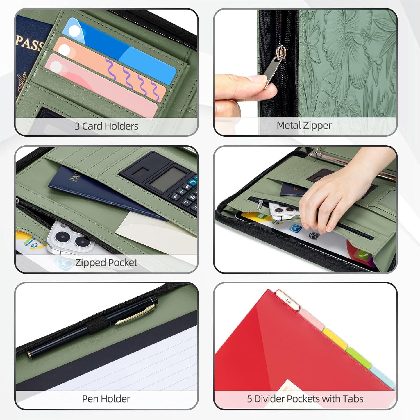 Ospelelf Zippered Padfolio Portfolio Folder, Leather Clipboard with Storage, 3 Ring Binder 1 Inch,12.1” Tablet Sleeve, 5 Dividers with Pocket, Refillable Notepad, Card Slot (Classic Black)