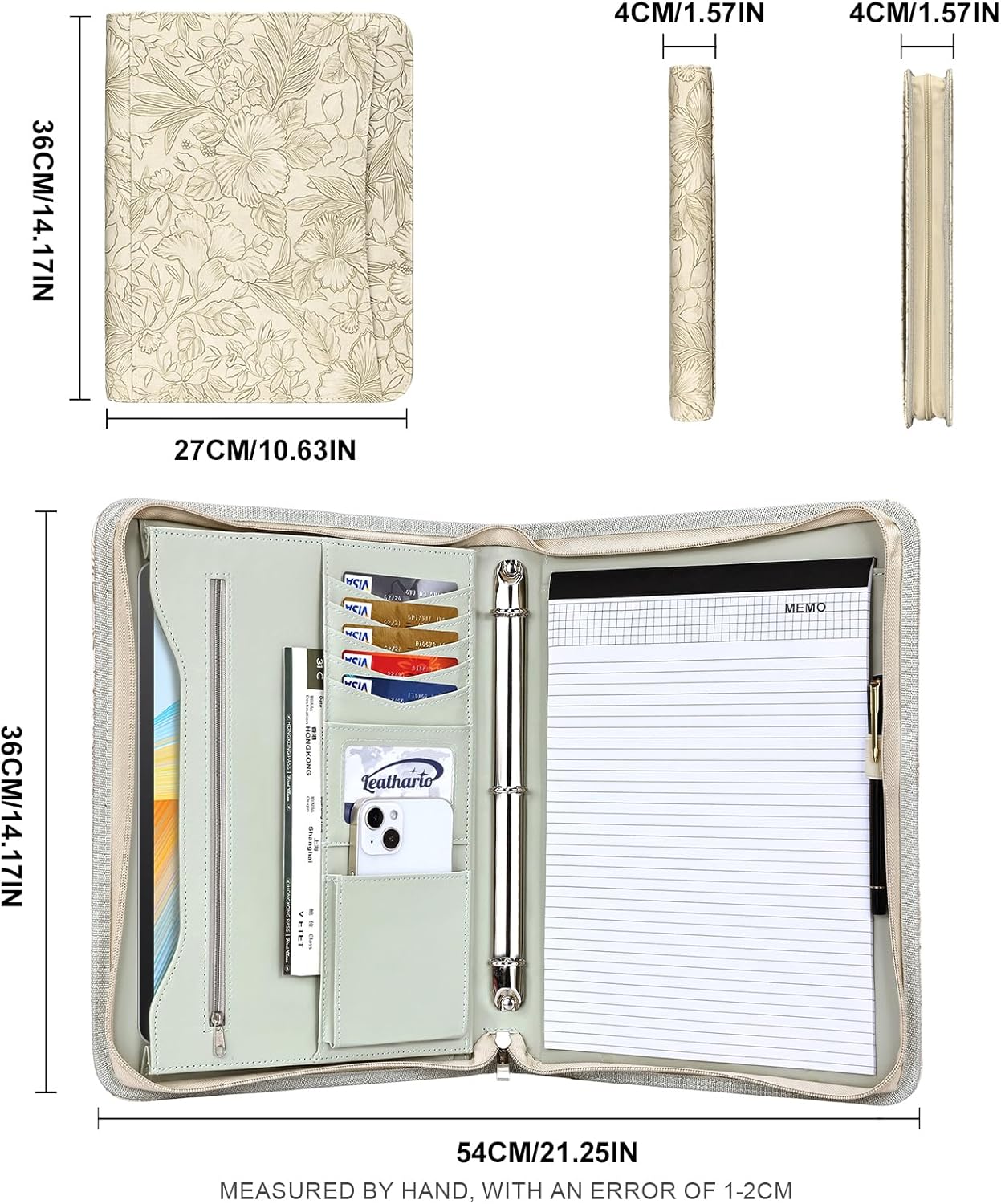 Leathario Portfolio Binder, Includes 10 Sheet Protectors and 3 Notepads, 3-Ring Folder Organizer, A4 Padfolio with Zipper, Vegan Leather Tablet Sleeve, Business Office Conference Clipboards