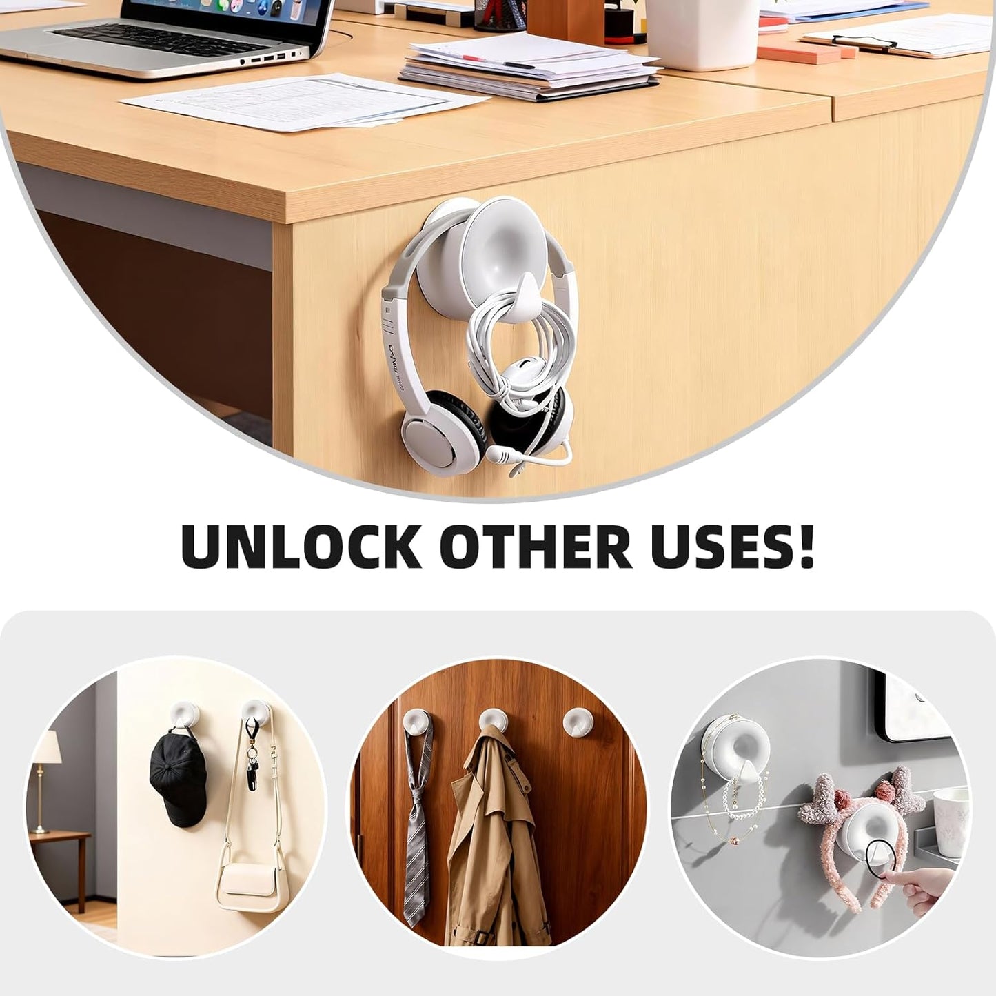Headphone Holder Wall Mounted, Under Desk Adhesive Headphone Hook, White Gaming Headset Stand Hanger for Desk with Cable Hook, Fits Slim On-Ear & Over-Ear Headphones| Headband Width Up to 30mm