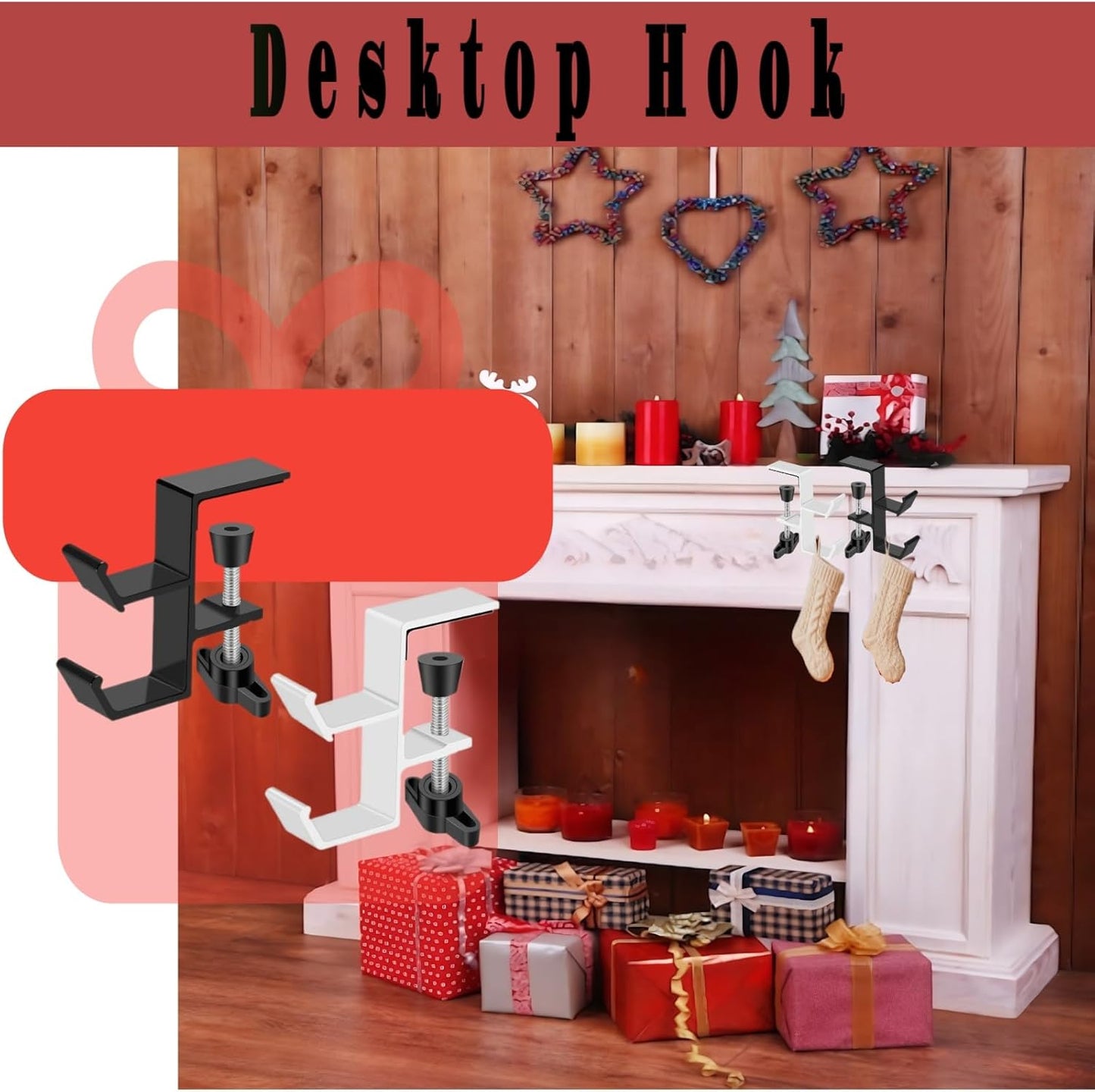 Desktop Hook Under-Table Handbag Hanger Wallet Hook Simple for Holiday Decoration Desktop Backpack Rack Headphone Hanger 2-Piece Pack Double Hook (Black)