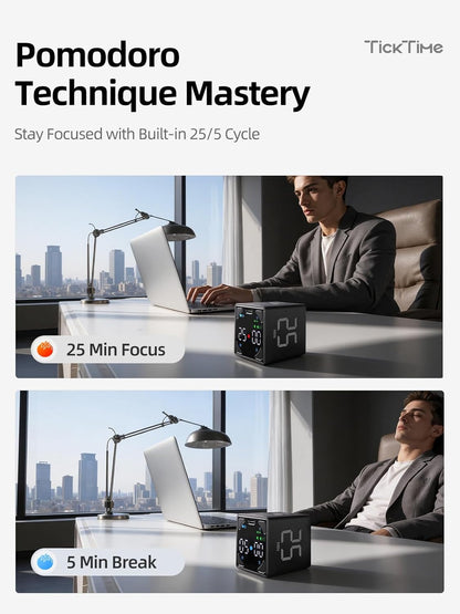 Ticktime Pomodoro Timer Cube, with 25/5 Auto Cycles, 5/25/30/60 Min Presets, Custom Timer, Stopwatch, Magnetic, Rechargeable, Silent, Vibrate & Sound, for Task, ADHD, Study, Work, Meeting, Black