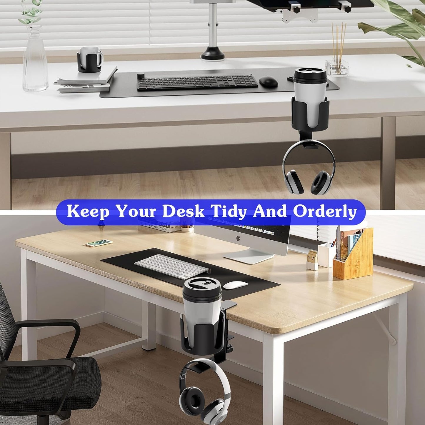 Desk Cup Holder Clip On 360° Rotating Clamp,Deeper Anti-Spill Drink Holders for Water Bottles & Coffee Mugs,Adjustable Clamp Fits Screw On Table for Drinks,Office,Gaming Desk,Home,Black