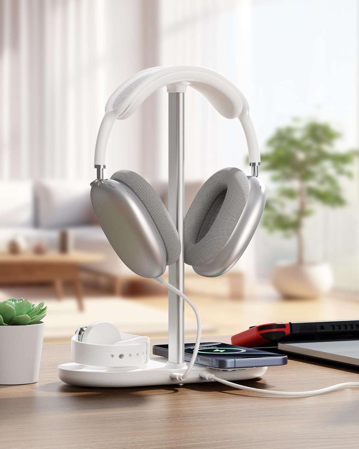 HiWe 4-in-1 RGB Gaming Headphone Stand with Dual Controller Holder, Wireless Charger for iPhone/Apple Watch, USB-A & USB-C Outputs, Adapter Included, Black