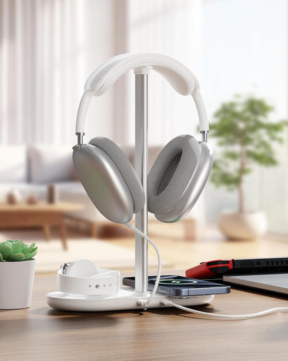 HiWe 4-in-1 RGB Gaming Headphone Stand with Dual Controller Holder, Wireless Charger for iPhone/Apple Watch, USB-A & USB-C Outputs, Adapter Included, Black