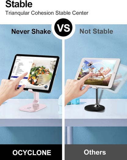 OCYCLONE Phone Stand, Cell Phone Stand Holder for Desk Office Accessories Adjustable Height and Angle Foldable iPhone Stand Compatible with 4"-13" All Phones iPad Tablet - Black