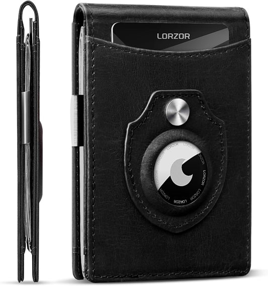 LORZOR Genuine Leather AirTag Wallet with Money Clip - Mens Bifold Wallets Slim Front Pocket RFID Blocking Card Holder, Minimalist Air Tag Wallet with Present Box (Airtag Not Included)