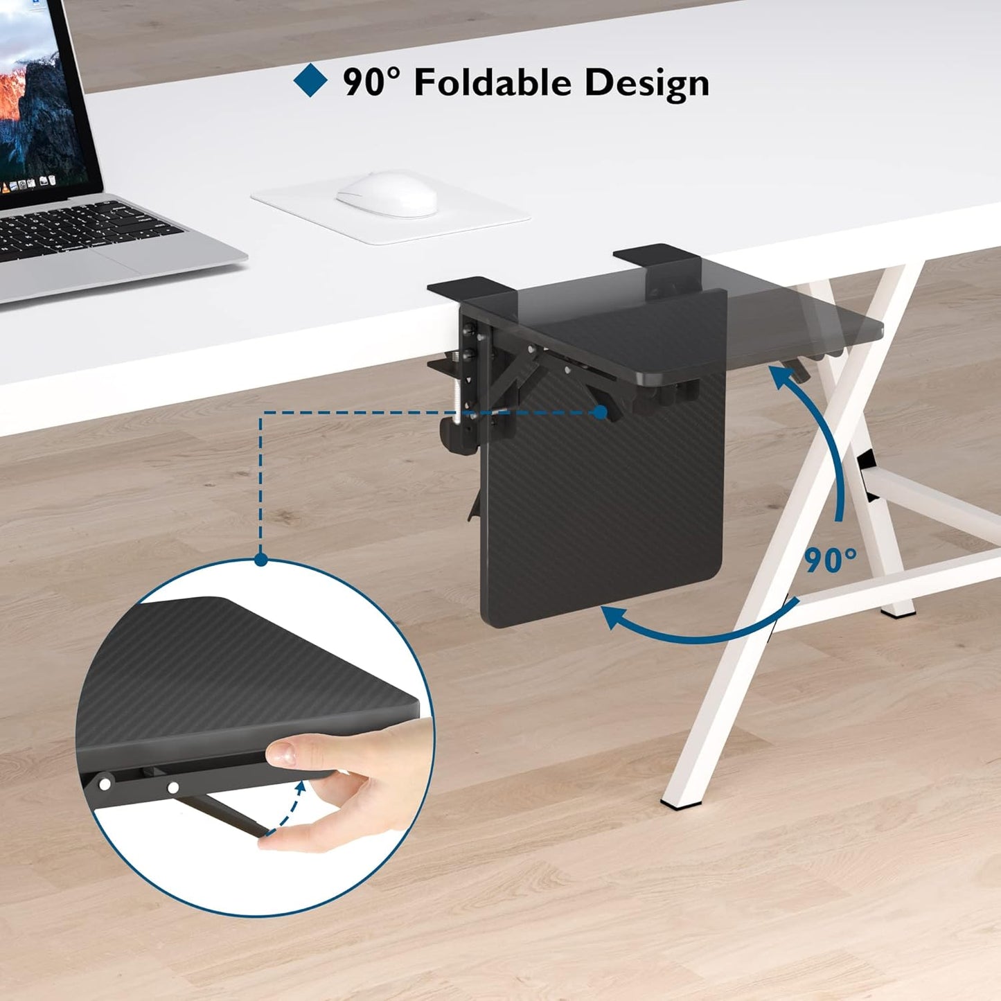 BONTEC Desk Extender Tray, 11.8"x5.9" Table Mount Arm Wrist Rest Shelf, 90°Foldable Elbow Support, Clamp on Computer Arm Rest for Desk, Office & Home Use, Durable & Easy to Install, Black Carbon Fiber