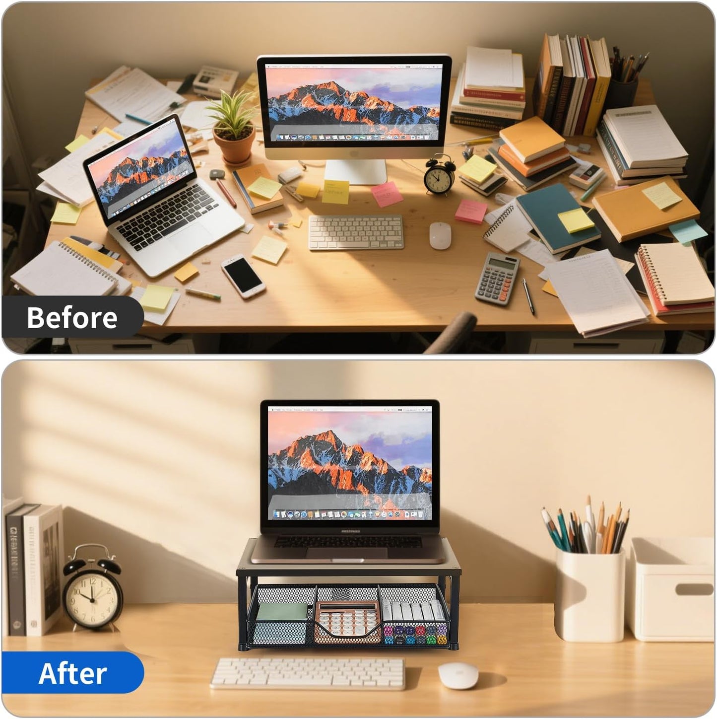 Wood Metal Monitor Stand Riser, Laptop Stand for Desk, Office Desk Organizer and Accessories, Computer Desktop Shelf with Drawer and Pen Holder, Printer Stand for Home, Office, Dorm (Natural Wood)