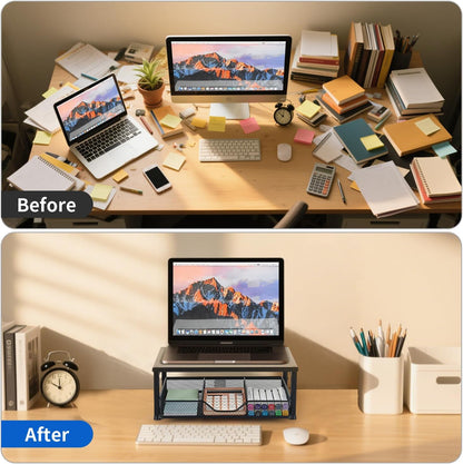 Wood Metal Monitor Stand Riser, Laptop Stand for Desk, Office Desk Organizer and Accessories, Computer Desktop Shelf with Drawer and Pen Holder, Printer Stand for Home, Office, Dorm (Natural Wood)